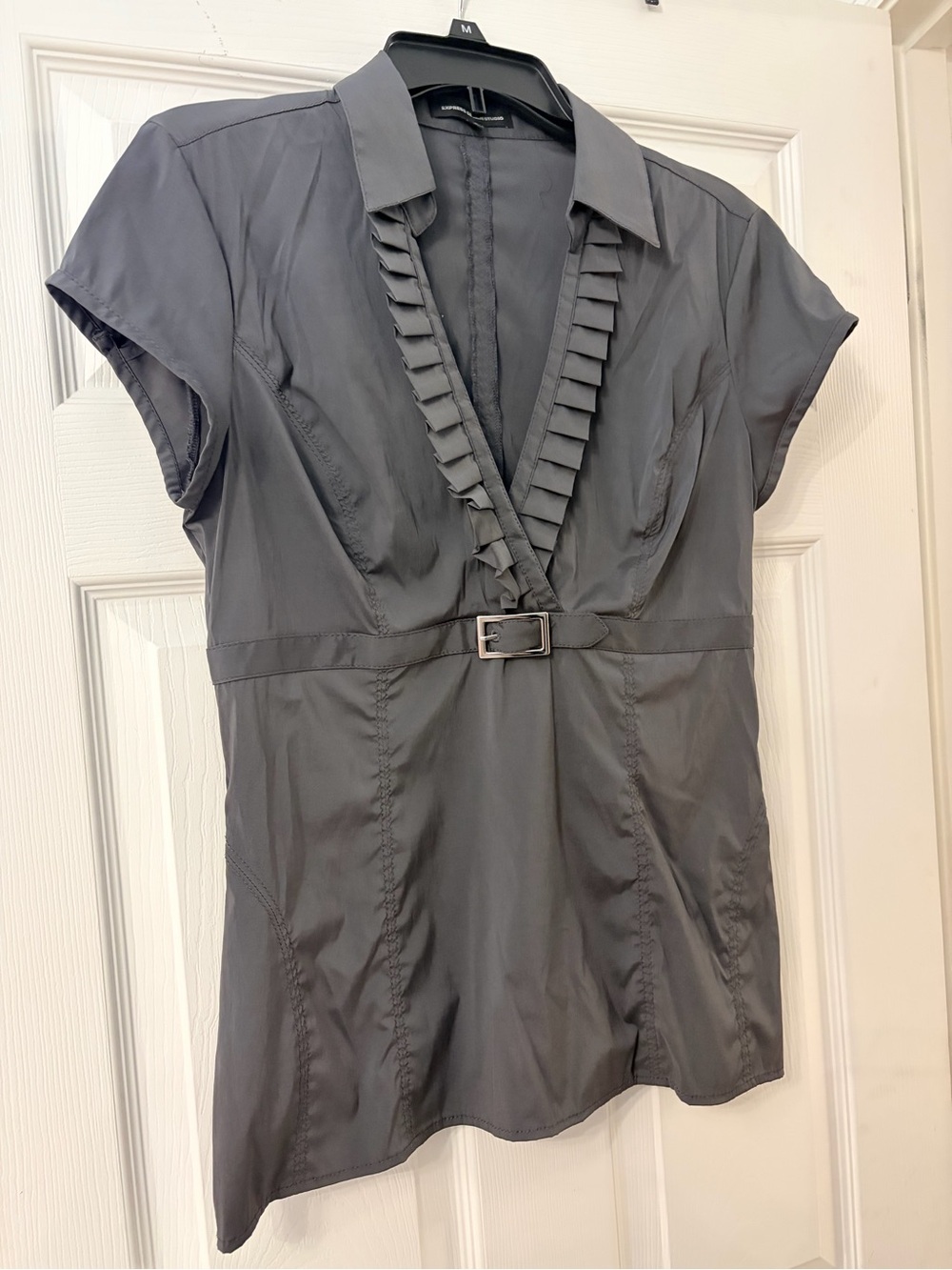 Express Gray Ruffle-Trim V-Neck Short Sleeve Blouse